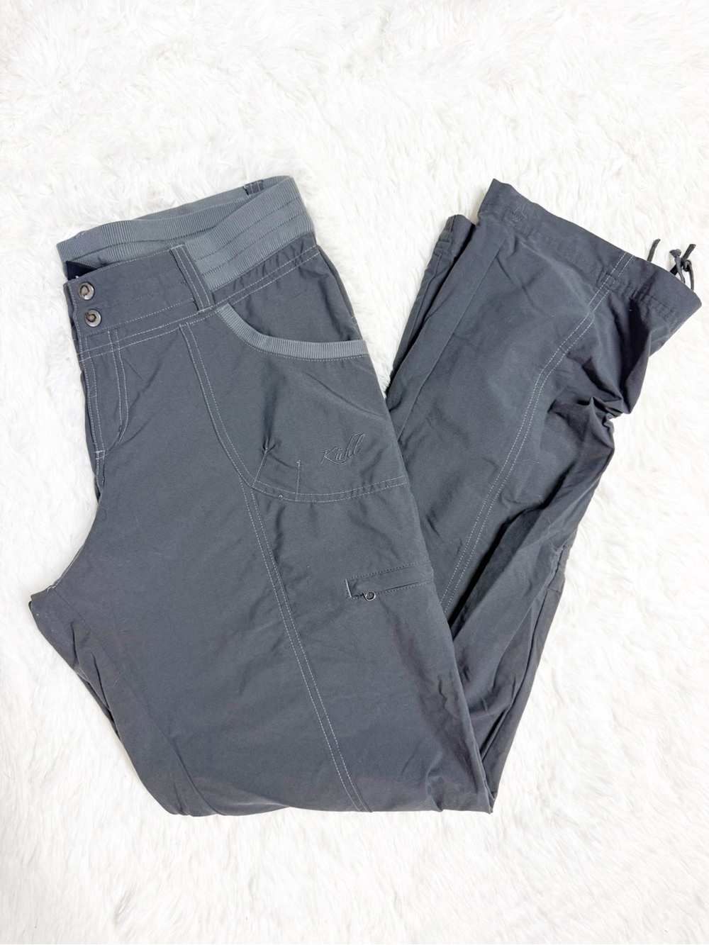 KUHL Women’s Outdoor Hiking Cargo Pants Size 14 Gray Cinch Hem 34” Inseam